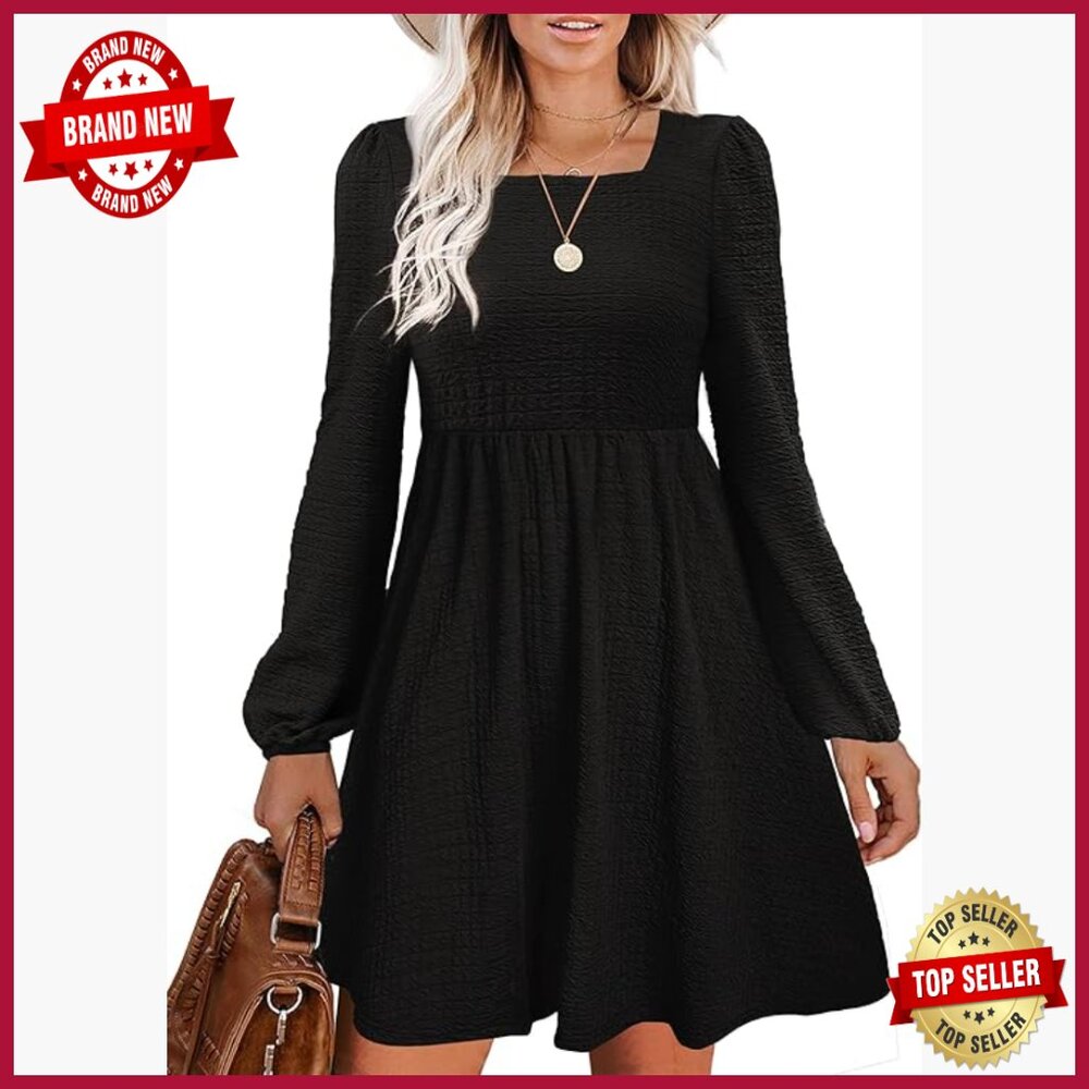 Long Sleeve Babydoll Dress High Waist Square Neck Flowy Swing Mini